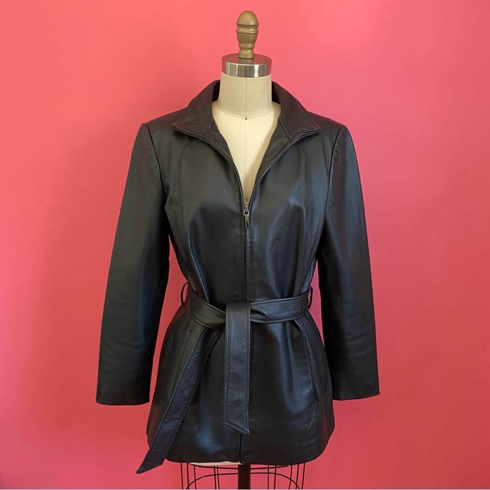 Vintage 90s/Y2K Black Leather Worthington Mini Trench Jacket Waist Belt P Small